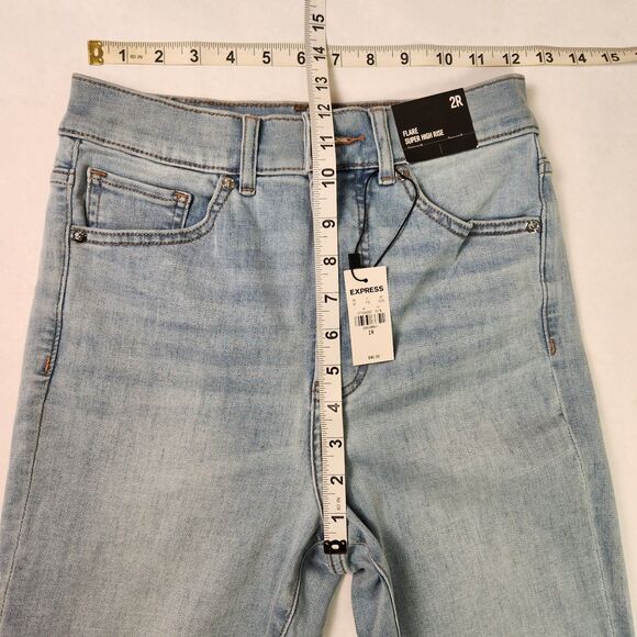 EXPRESS Jeans Womens 2R Flare Super High Rise Light Wash Zip Front Blue NWT - Picture 4 of 8